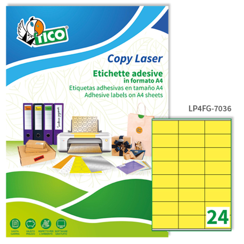 Etichette adesive LP4F - in carta - con margini - permanenti - 70 x 36 mm - 24 et/fg - 70 fogli - giallo fluo - Tico